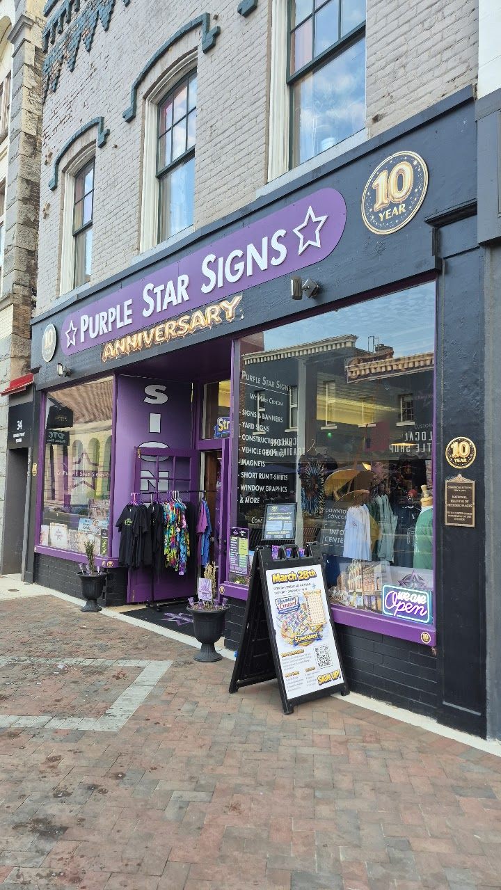 Purple Star Signs 10 year anniversary storefront Union Street Concord NC